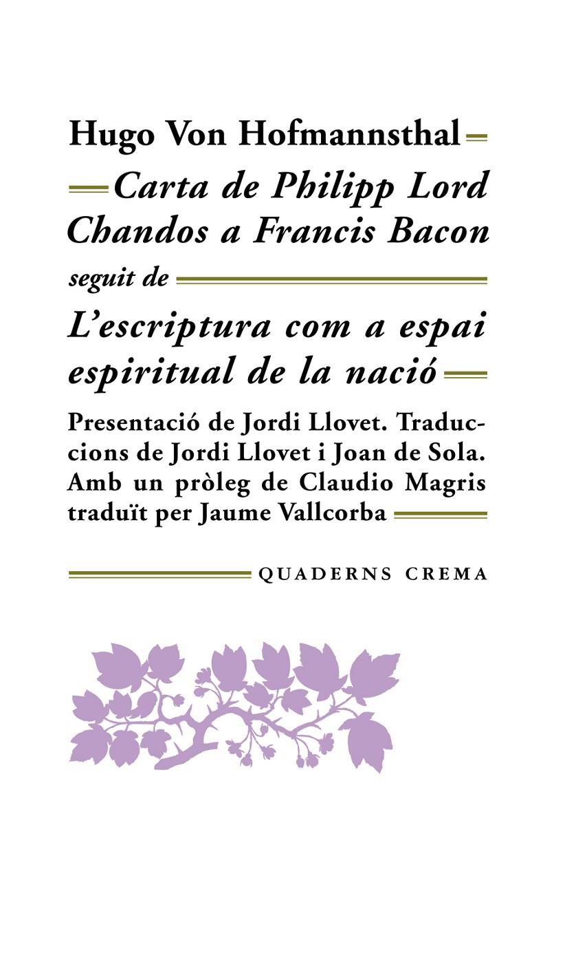 Carta de Philipp Lord Chandos a Francis Bacon | 9788477270744 | Hofmannsthal, Hugo von